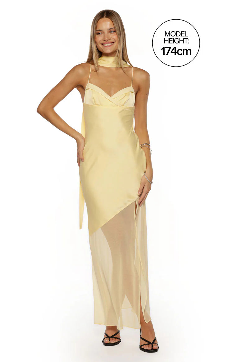 Laila Yellow Satin Scarf Formal Maxi Dress - US 12 | Beginning Boutique Exclusive Laila Yellow Satin Scarf Formal Maxi Dress - US 12 | Beginning Boutique Exclusive