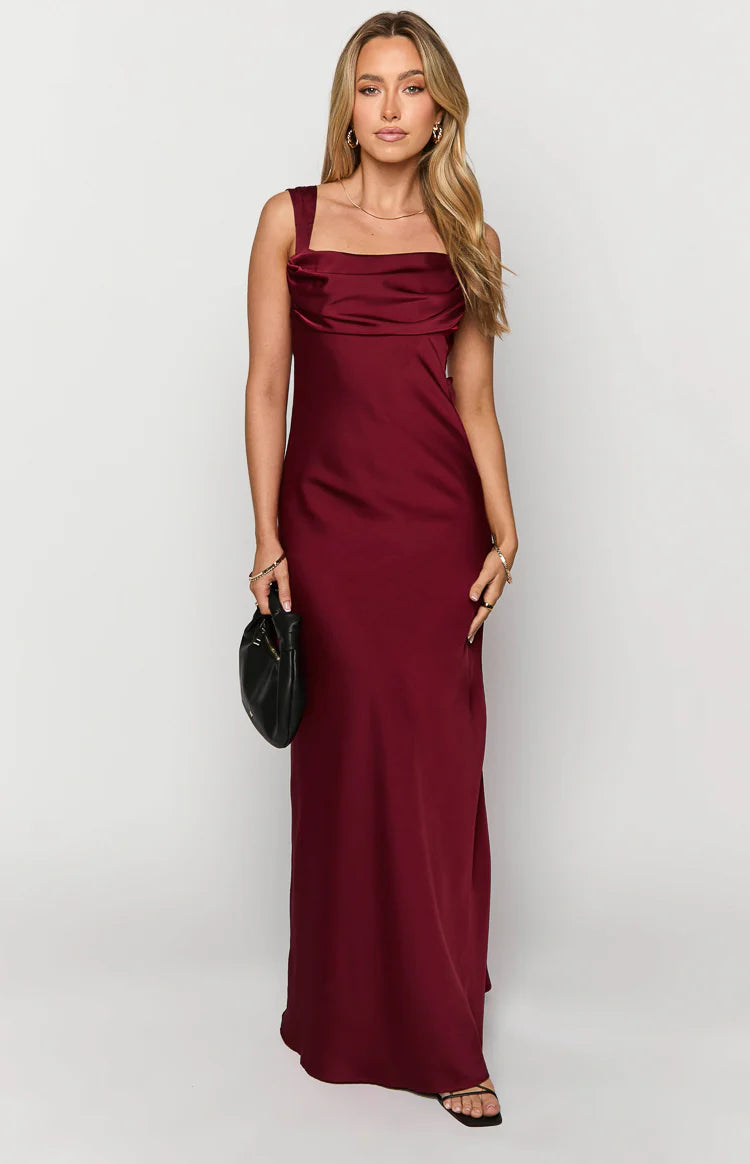 Laria Wine Satin Formal Maxi Dress - US 14 | Beginning Boutique Exclusive Laria Wine Satin Formal Maxi Dress - US 14 | Beginning Boutique Exclusive