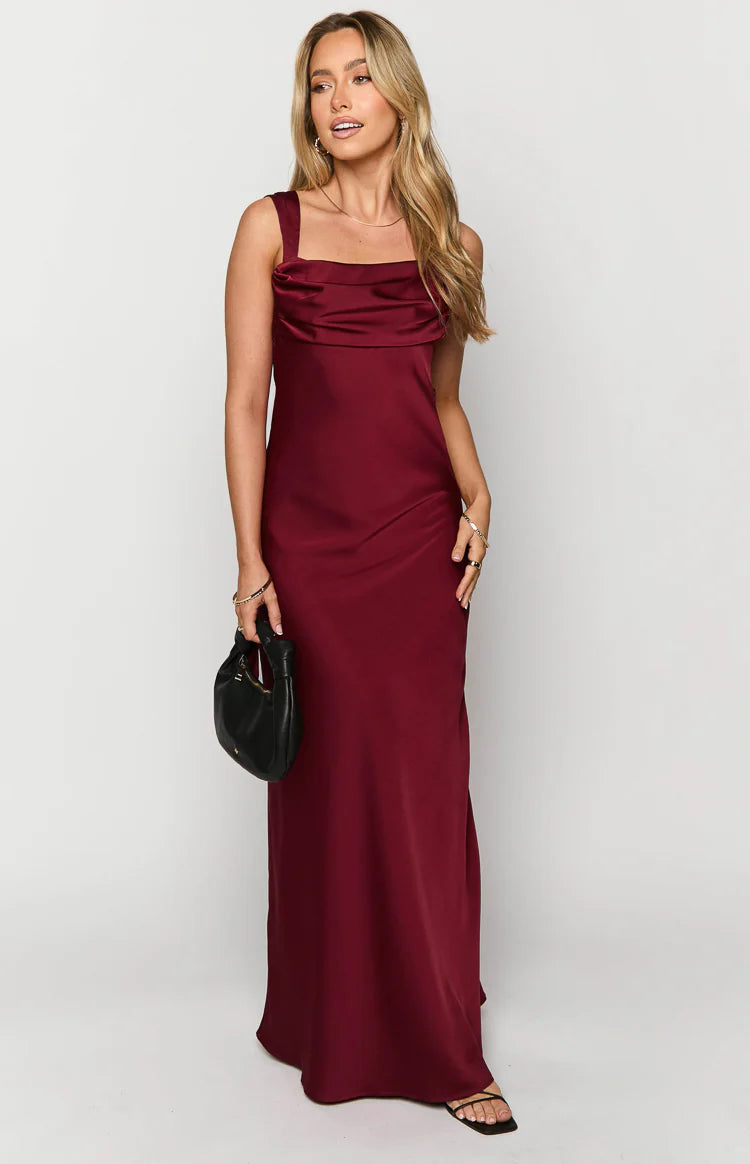 Laria Wine Satin Formal Maxi Dress - US 14 | Beginning Boutique Exclusive Laria Wine Satin Formal Maxi Dress - US 14 | Beginning Boutique Exclusive