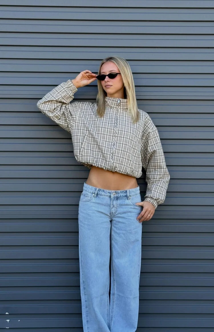 Lee Beige Plaid Funnel Neck Jacket