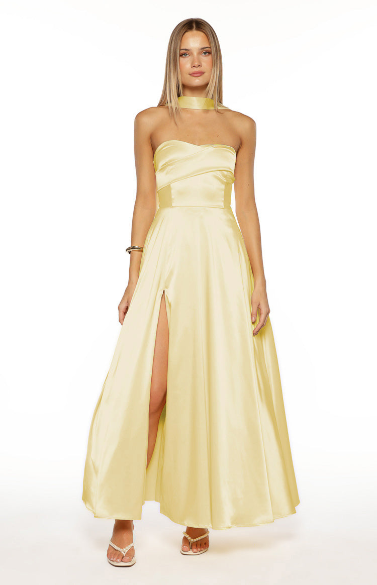 Lucy Yellow Strapless Satin Formal Maxi Dress Image