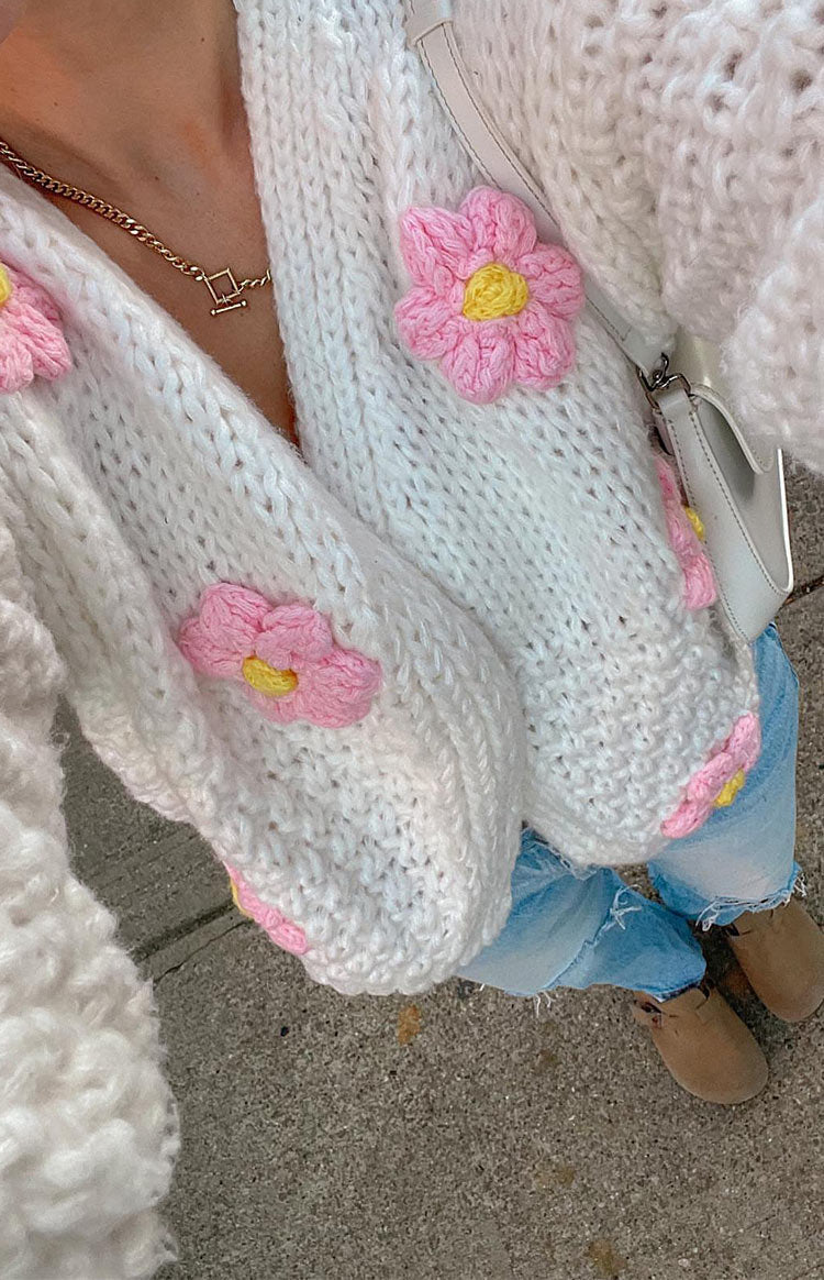 Luella White Flower Knit Cardigan | Beginning Boutique US