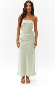 Sage green strapless maxi dress with a folded band neckline and ruched side detail