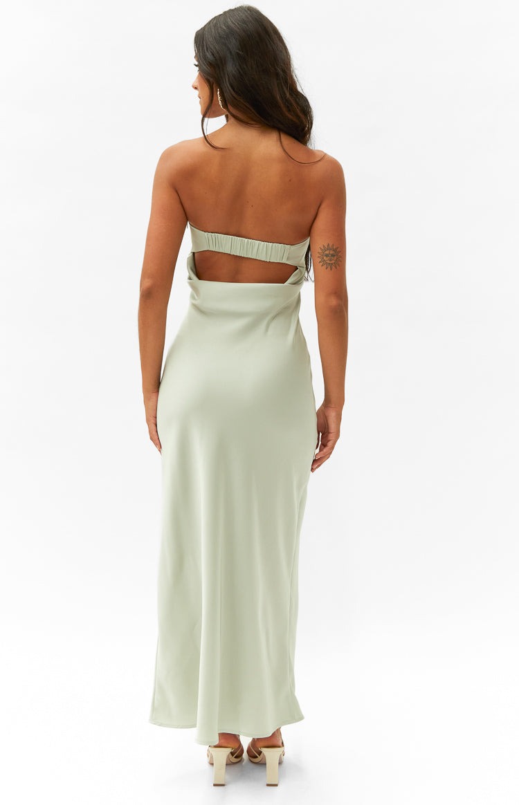 green emerald velvet dress Sage Bloom Satin Strapless Maxi Dress - US 2