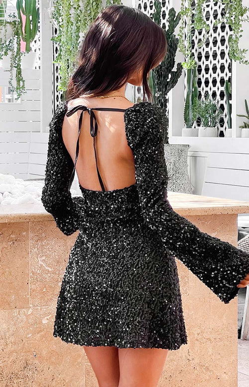 Marienne Black Velvet Sequin Long Sleeve Mini Dress - US 6 | Beginning Boutique exclusive Marienne Black Velvet Sequin Long Sleeve Mini Dress - US 6 | Beginning Boutique exclusive