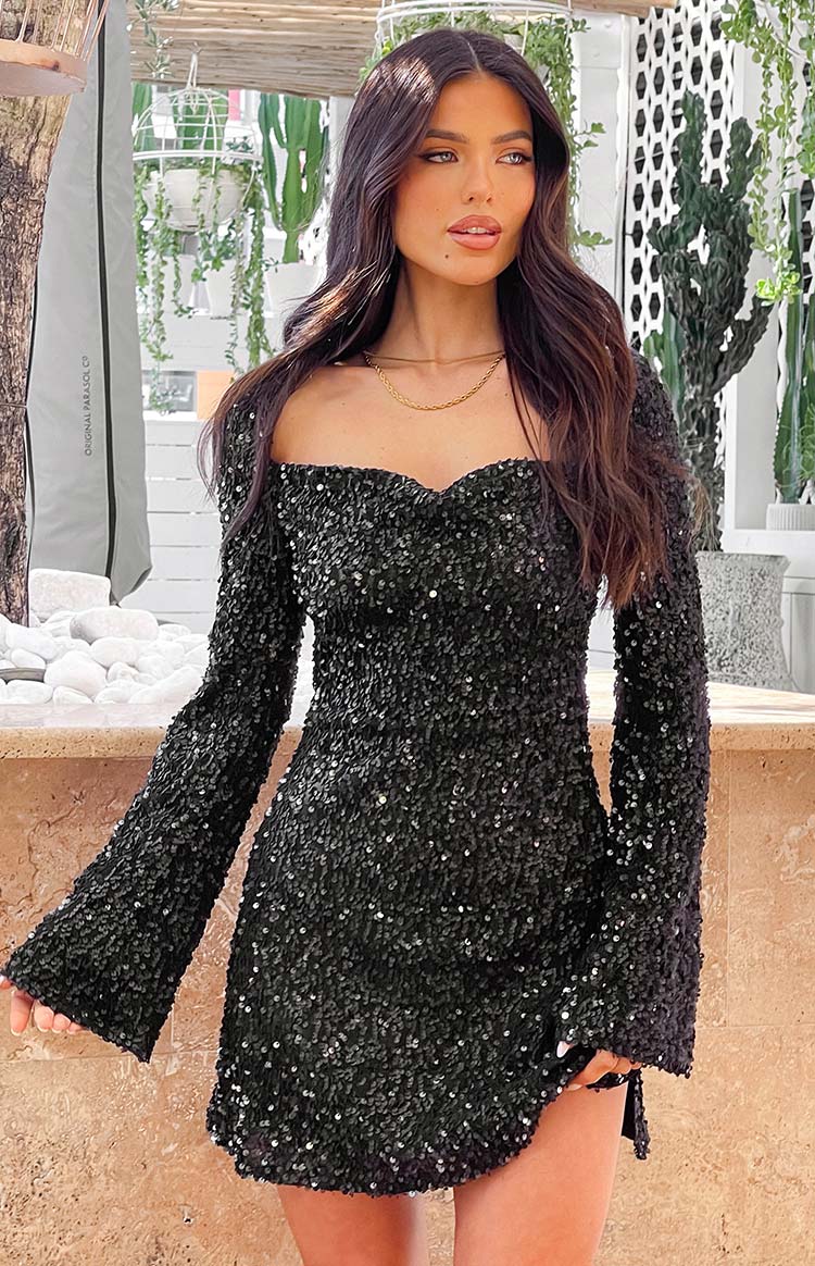 Marienne Black Velvet Sequin Long Sleeve Mini Dress