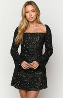 Beginning Boutique Marienne Black Velvet Sequin Long Sleeve Mini Dress black velvet sequin long sleeve mini dress with open back and velvet tie
