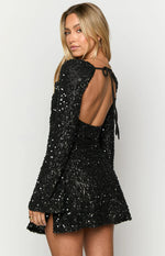 Marienne Black Velvet Sequin Long Sleeve Mini Dress