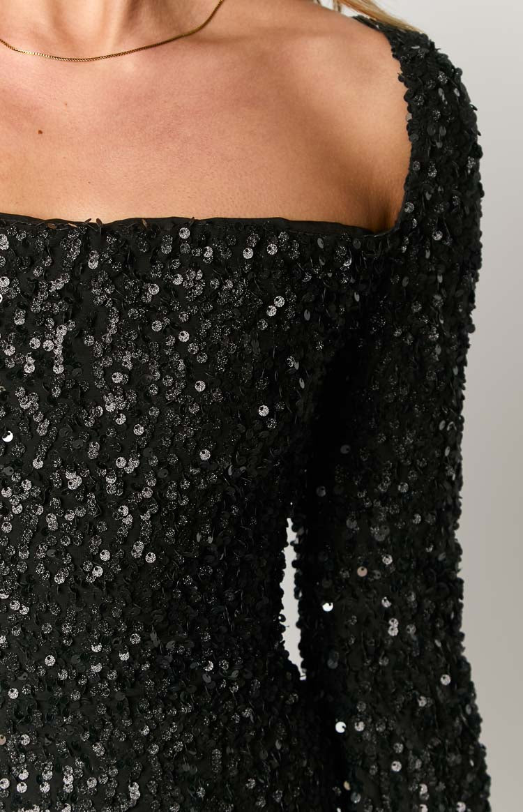 Marienne Black Velvet Sequin Long Sleeve Mini Dress