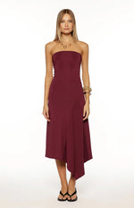 Maura Plum Strapless Asymmetrical Midi Dress