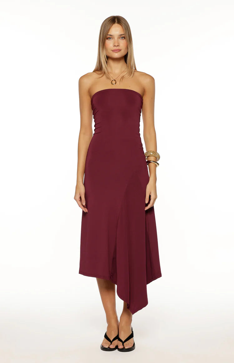 Maura Plum Strapless Asymmetrical Midi Dress - US 4 | Beginning Boutique Exclusive Maura Plum Strapless Asymmetrical Midi Dress - US 4 | Beginning Boutique Exclusive