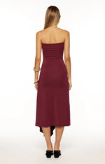 Maura Plum Strapless Asymmetrical Midi Dress