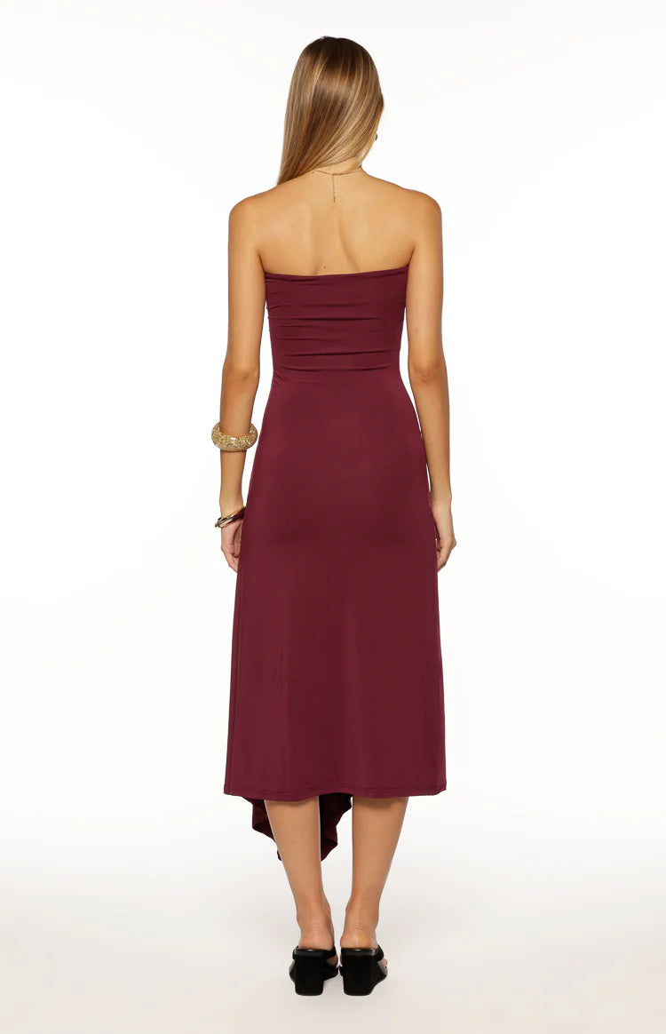 Maura Plum Strapless Asymmetrical Midi Dress