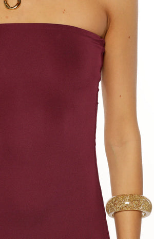 Maura Plum Strapless Asymmetrical Midi Dress