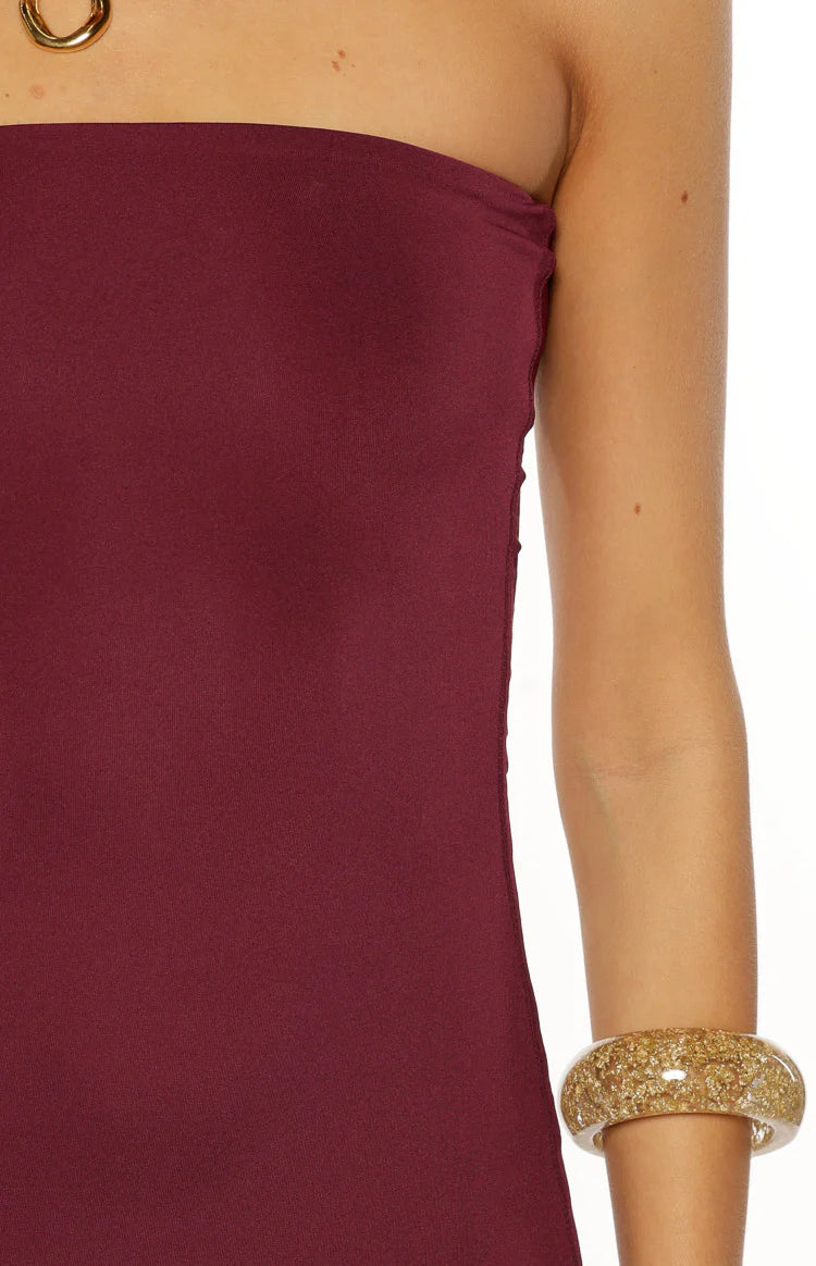 Maura Plum Strapless Asymmetrical Midi Dress
