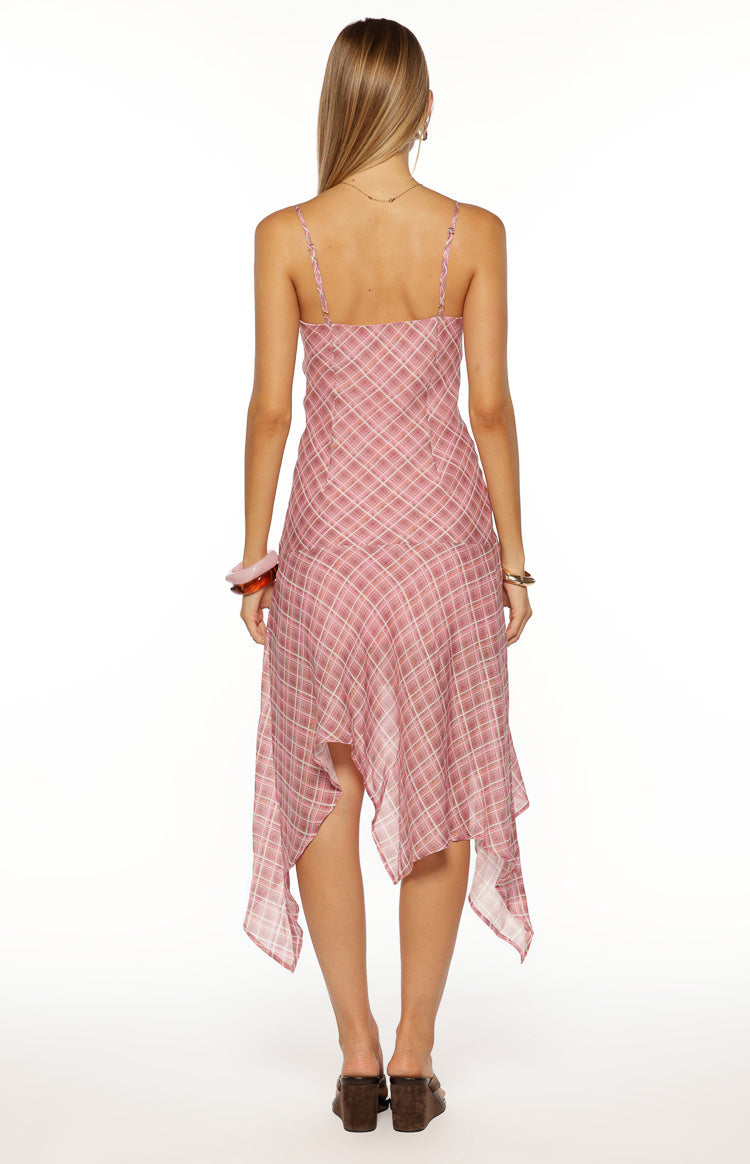 Rear view of a pink plaid hanky hem midi dress with thin spaghetti straps