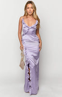 Beginning Boutique Nahanee Lilac Satin Ruffle Maxi Dress lilac satin V-neck maxi dress with ruffled neckline and side ruching
