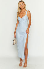 Light blue satin midi dress with a V-neckline and a prominent high left side split