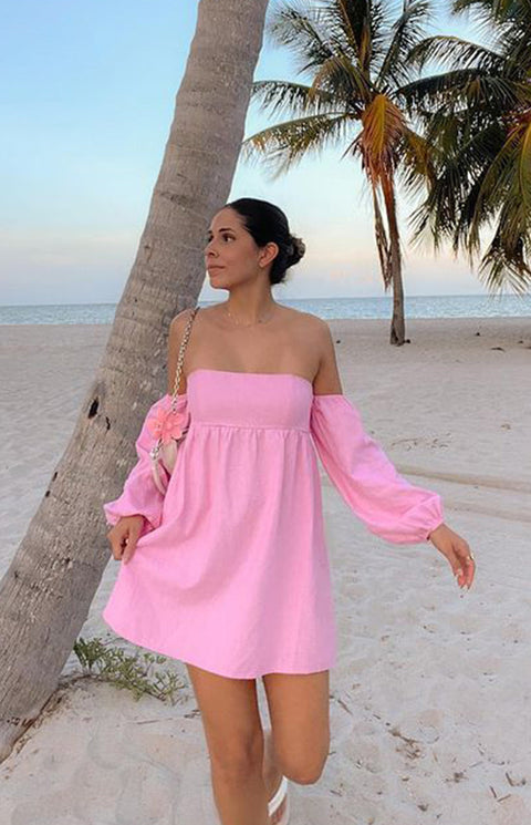 Koa Pink Off Shoulder Linen Mini Dress - US 14