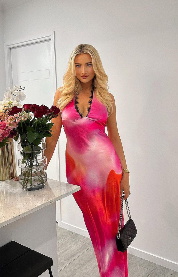 Valletta Pink Print Halter Neck Maxi Dress Image