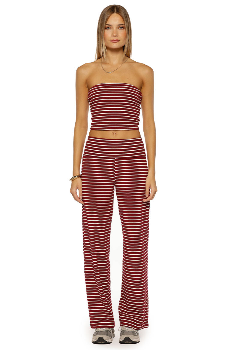 Flowy burgundy and white stripe wide leg pants with a foldover waistband