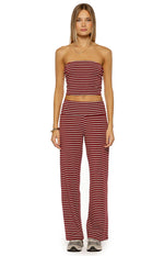 Flowy burgundy and white stripe wide leg pants with a foldover waistband