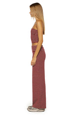 Side view of burgundy and white stripe wide leg pants with a foldover waist