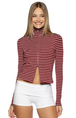 Burgundy and white striped sweater with a mock neck and double zipper open from the bottom