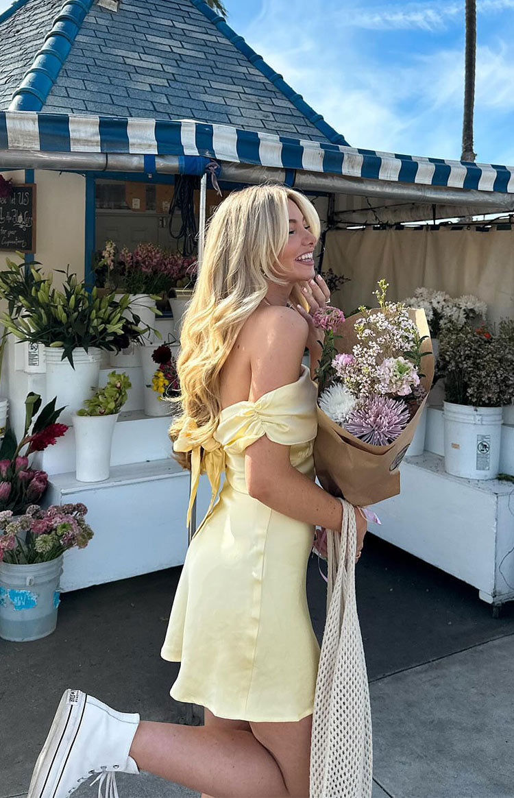 Primrose Yellow Satin Off the Shoulder Mini Dress - US 4 Primrose Yellow Satin Off the Shoulder Mini Dress - US 4