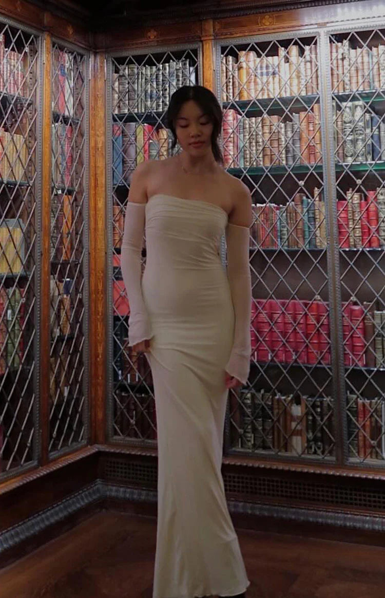 Odette Cream Long Sleeve Formal Maxi Dress - US 16 | Beginning Boutique Exclusive Odette Cream Long Sleeve Formal Maxi Dress - US 16 | Beginning Boutique Exclusive