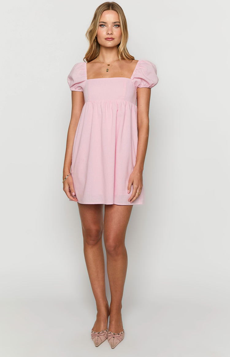 pink mini puff dress Emma Open Back Puff Sleeve Mini Dress American Threads Boutique Pink / L