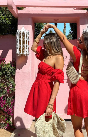 Beginning Boutique Love Lost Off The Shoulder Red Mini Dress red off-the-shoulder mini dress with puff sleeves and A-line skirt