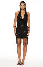 Rhani Black Sequin Tassel Cowl Mini Dress Image