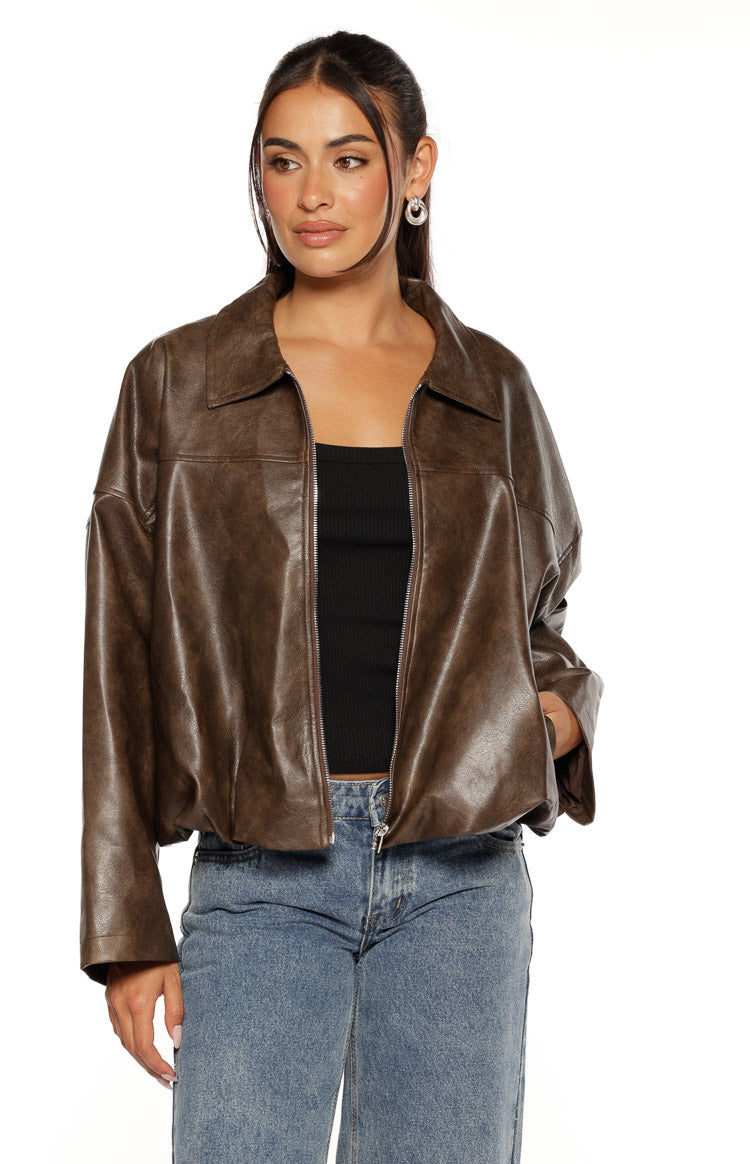 River Vintage Brown PU Bubble Hem Bomber Jacket