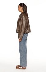 River Vintage Brown PU Bubble Hem Bomber Jacket Image