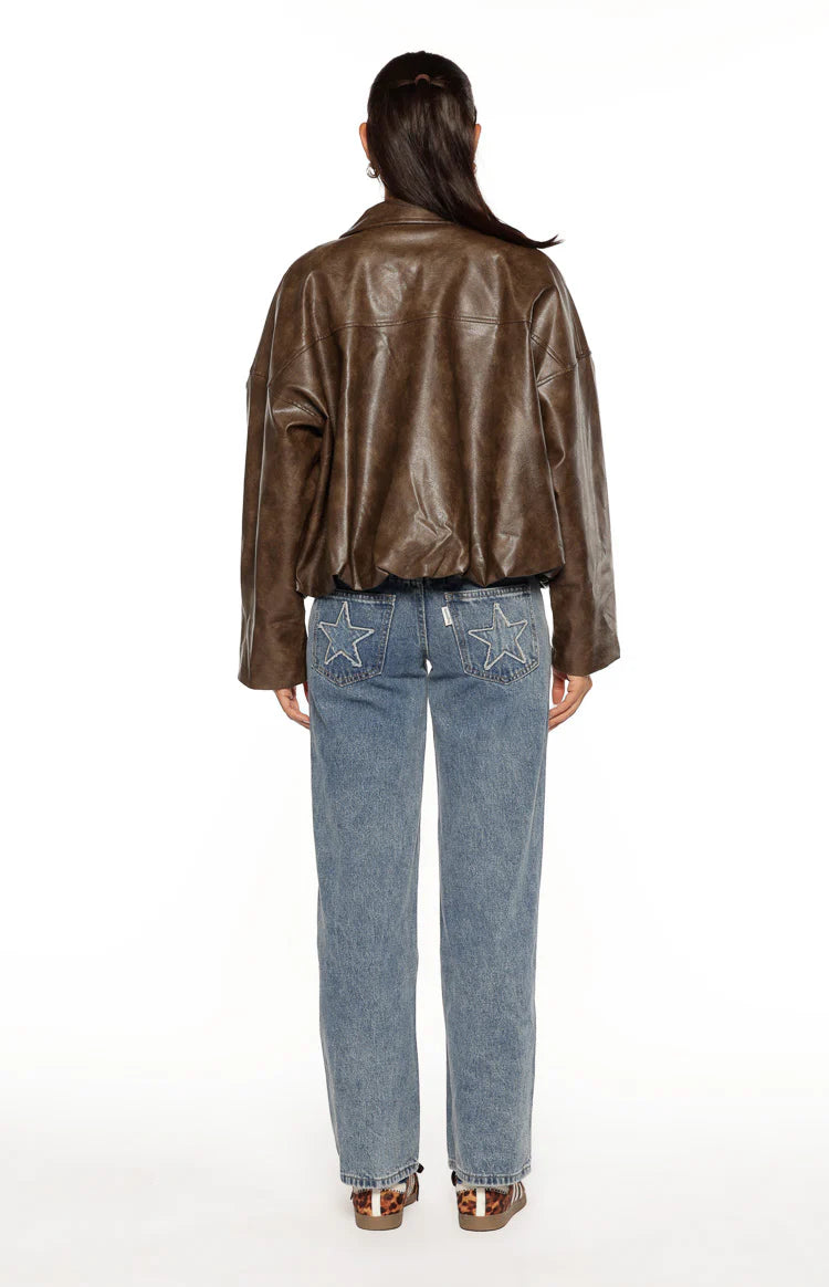 River Vintage Brown PU Bubble Hem Bomber Jacket