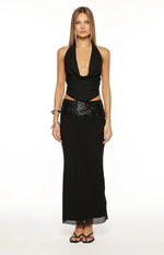 Saedee Black Mesh Sequin Band Maxi Skirt