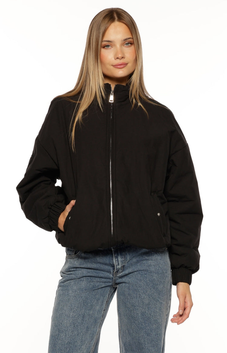 Beginning Boutique Ace Black Oversized Puffer Jacket black oversized cropped puffer jacket with high collar and silver front