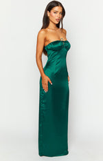 Side view of an emerald satin strapless maxi dress with a tie-front bust and fitted silhouette