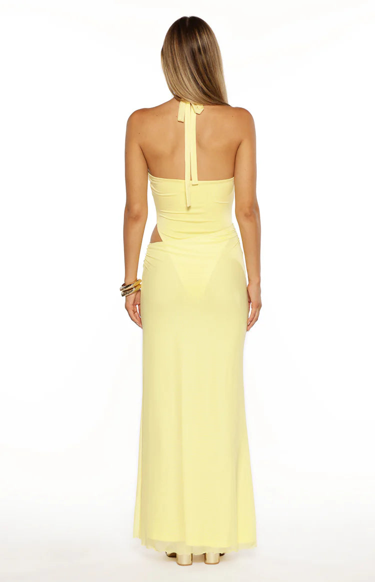 Stella Yellow Halter Cut Out Maxi Dress | Beginning Boutique US Stella Yellow Halter Cut Out Maxi Dress | Beginning Boutique US