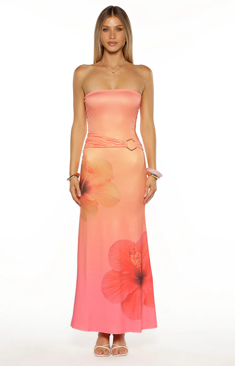 Summa Pink Ombre Hibiscus Strapless Maxi Dress - US 10 | Beginning Boutique exclusive