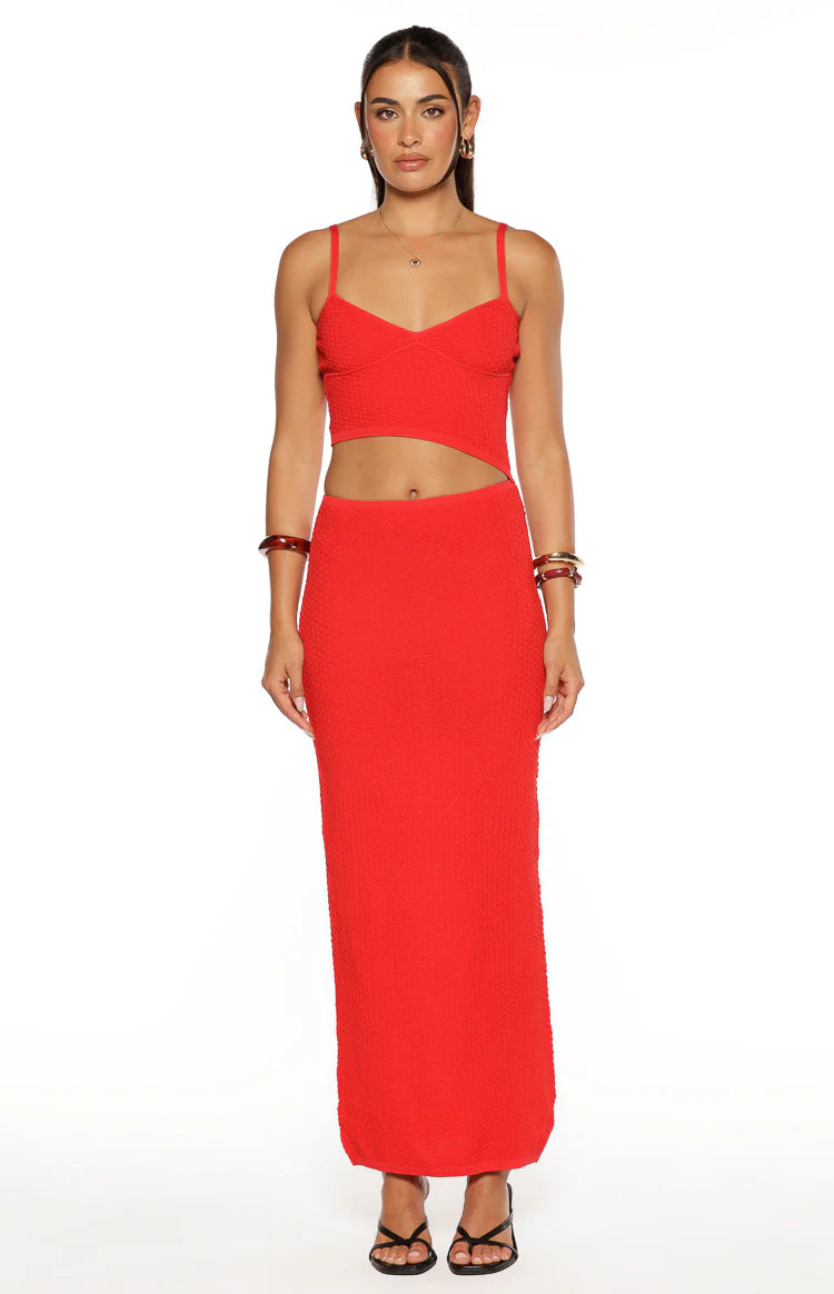 Tegan Red Knit Cut Out Maxi Dress - US 2 | Beginning Boutique Exclusive