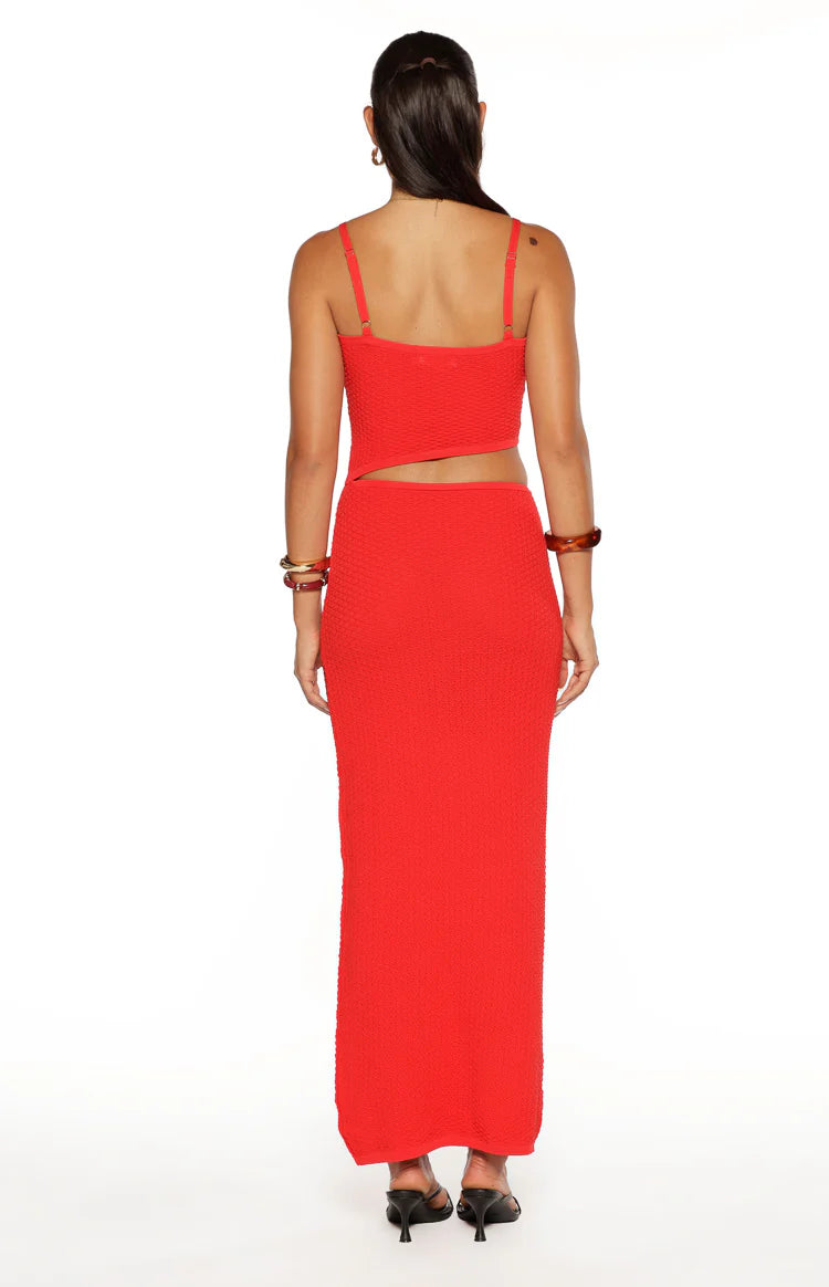 Tegan Red Knit Cut Out Maxi Dress - US 2 | Beginning Boutique Exclusive Tegan Red Knit Cut Out Maxi Dress - US 2 | Beginning Boutique Exclusive