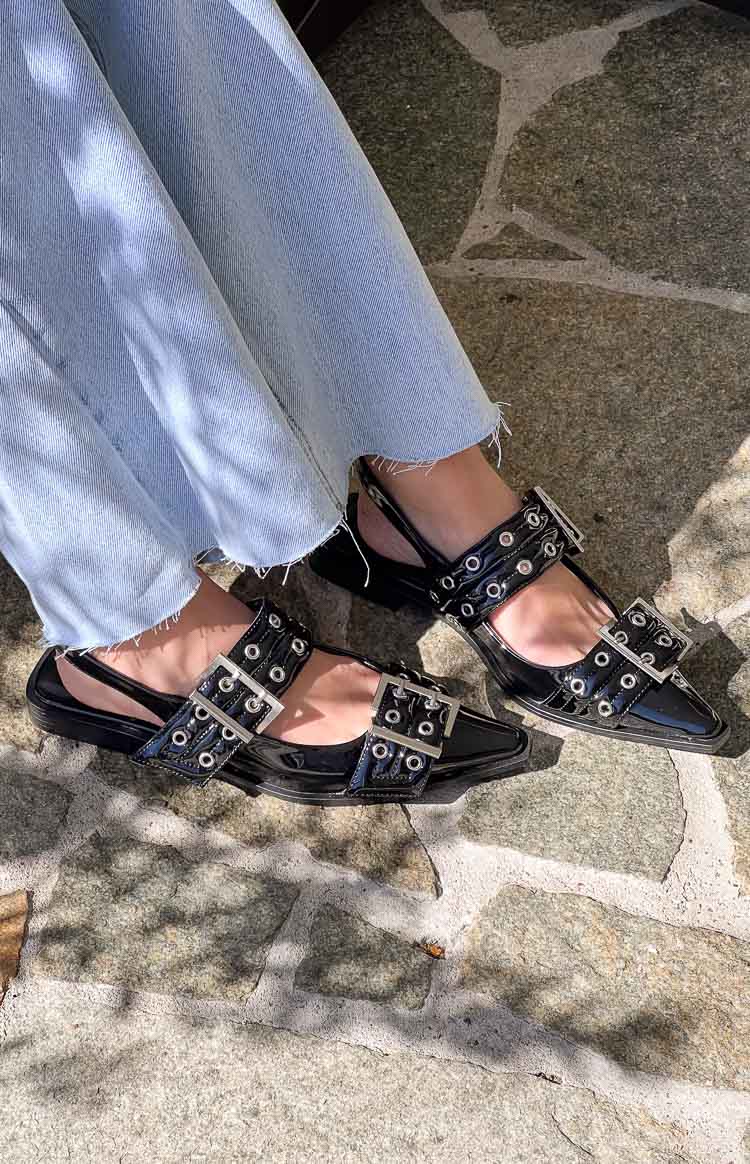Beginning Boutique Therapy Matilda Black Patent Pointed Flats black patent pointed toe slingback flats with multiple buckled straps and silver eyelets
