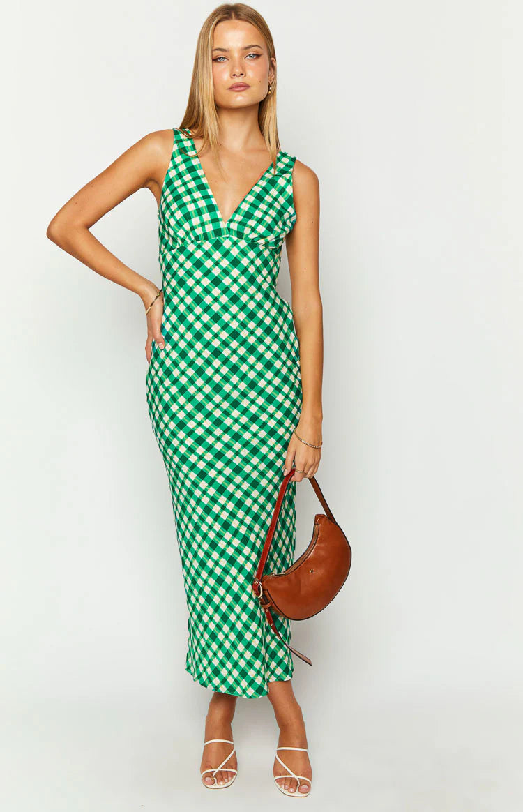 Verlaine Green Check Maxi Dress - US 0