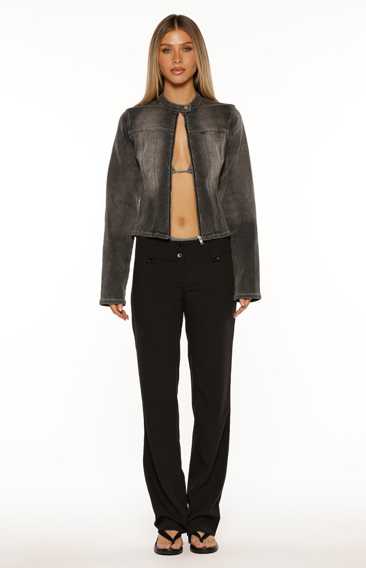Black low-waist pants with a straight leg, two front buttons, and small hip pockets