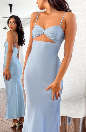 Rear view of the blue satin strapless maxi dress, highlighting the smooth fabric and elegant drape