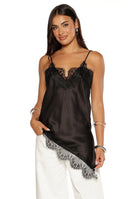 Beginning Boutique Ziva Black Satin Lace Trim Asymmetrical Top black satin top with spaghetti straps and asymmetrical lace tr