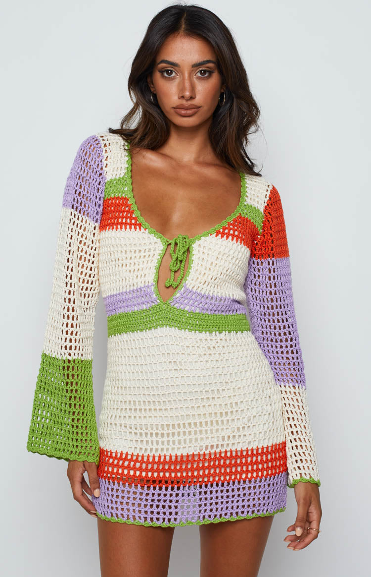 Donovan White Stripe Crochet Dress Image