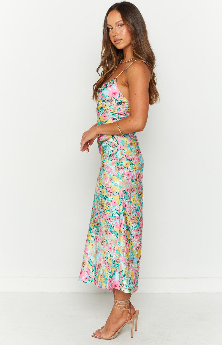 Ellri Floral Satin Midi Dress – Beginning Boutique US